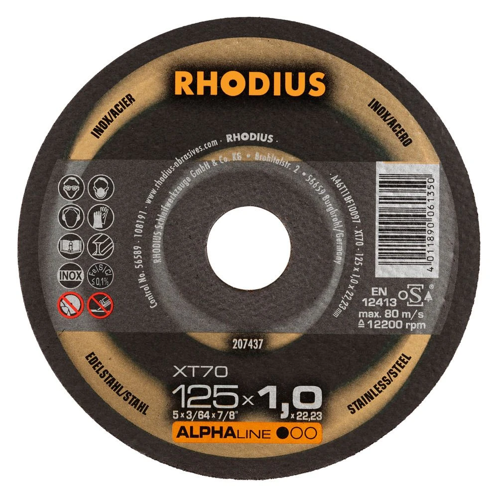 Rhodius ALPHALine I XT70 Doorslijpschijf - Extra Dun - 125 X 22,23 X 1mm - RVS/Staal (100st) - 207437 3 Rhodius ALPHALine I XT70 Doorslijpschijf - Extra Dun - 125 X 22,23 X 1mm - RVS/Staal (100st) - 207437