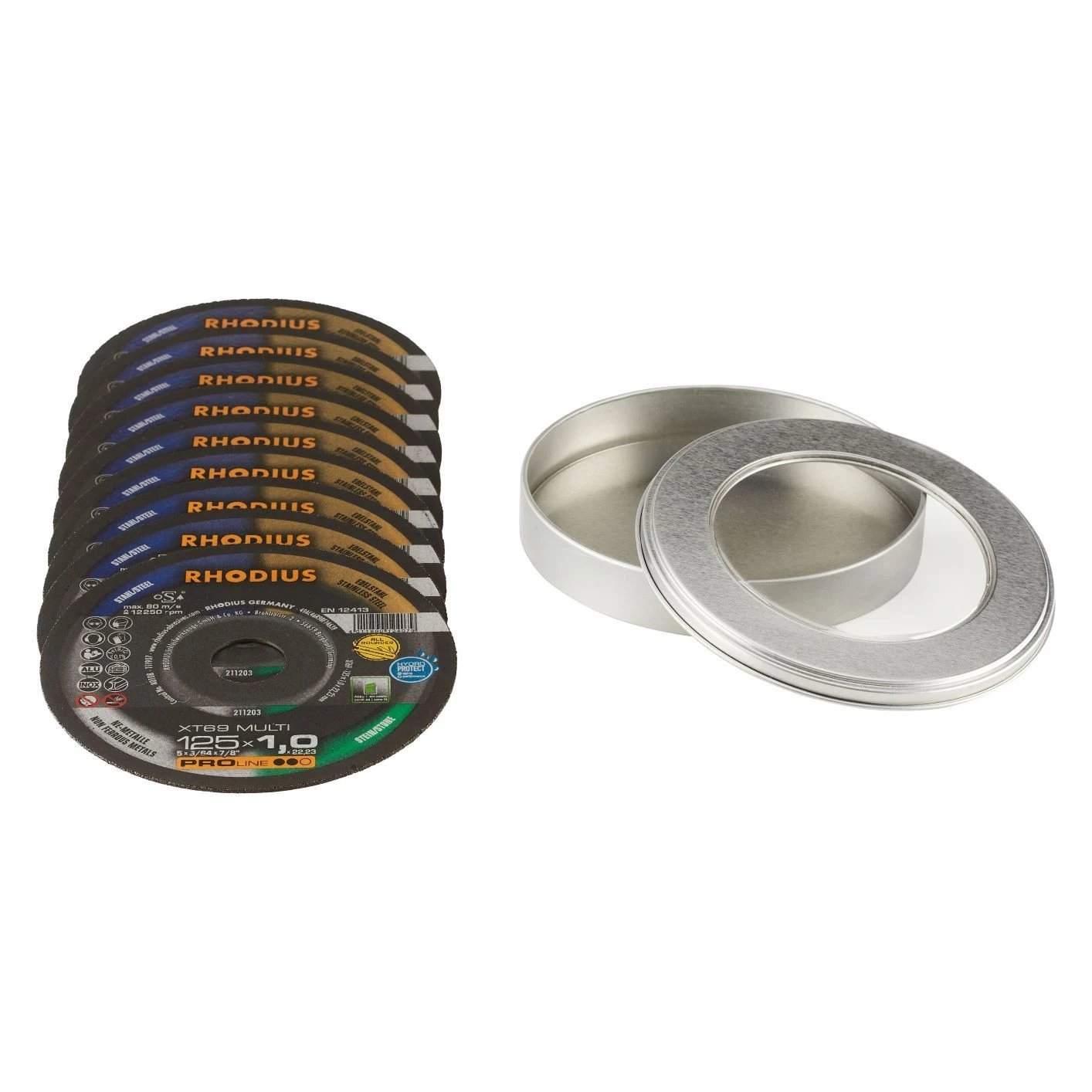 Rhodius XT69 Multi Doorslijpschijvenset In Opbergblik - 125 X 1,0 X 22,23mm (10st) - 211211 3 Rhodius XT69 Multi Doorslijpschijvenset In Opbergblik - 125 X 1,0 X 22,23mm (10st) - 211211